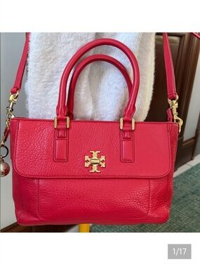 Tory Burch  Satchel  crossbody bag
Pebbled Leather  Red  front pocket, gold tone